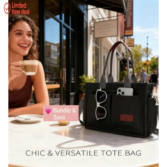 Waterproof Tote Bag with Multiple Pockets, Adjustable Strap, 14x10x5.5 - Picture 4 of 8